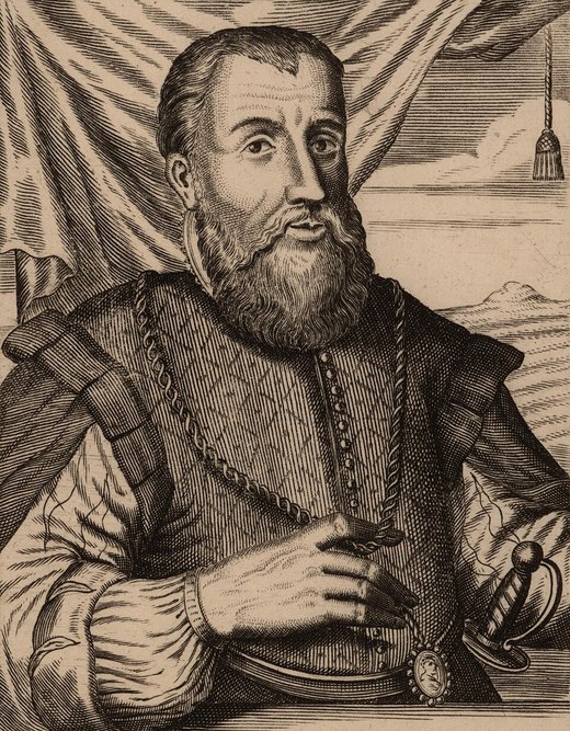 Portrait gravé de Diego Velázquez de Cuéllar, conquistador espagnol, barbe et épée.